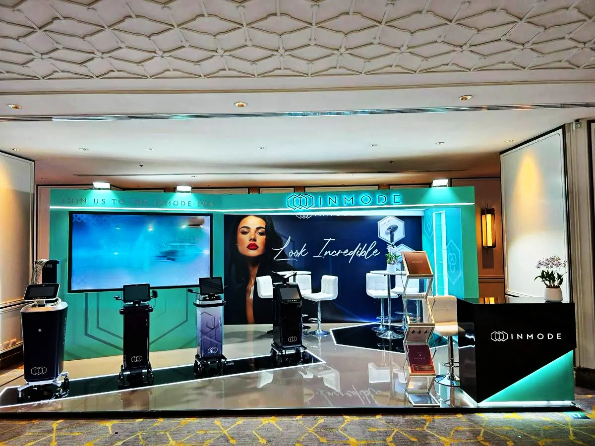 Custom booth with arched display shelves